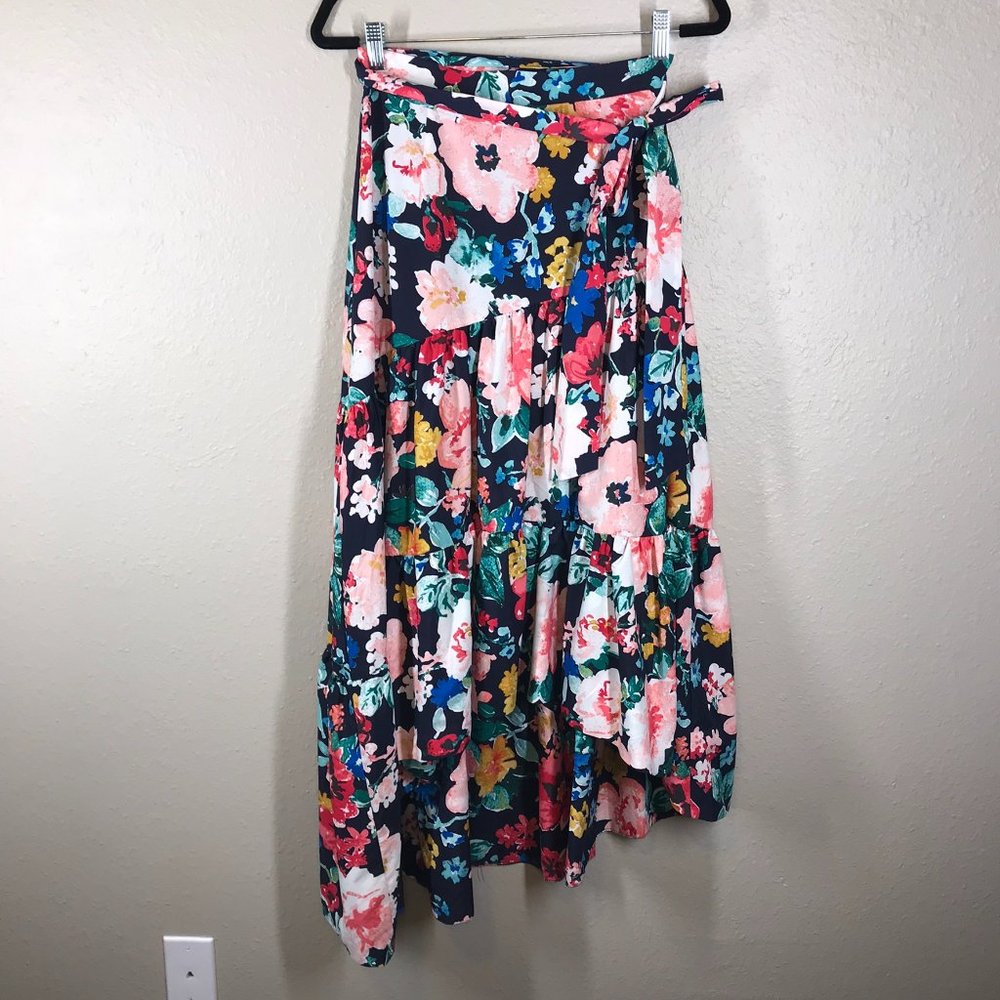 Eliza J Floral Tiered Taffeta Asymmetrical High Low Tie Waist Midi Skirt